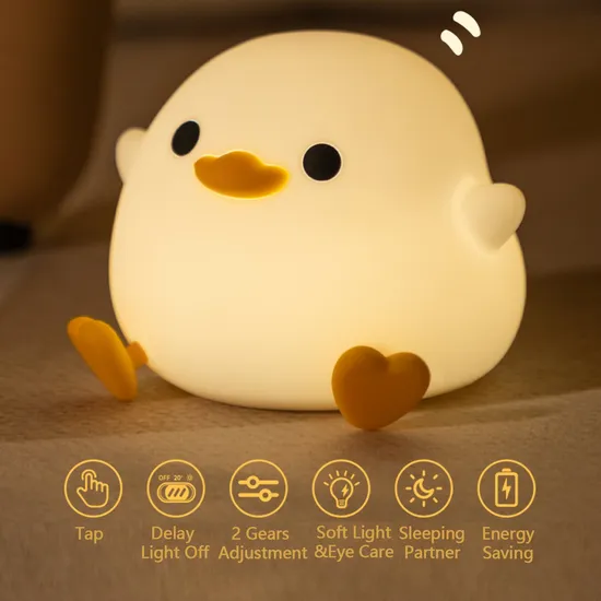 Cute Duck Night Light, 2 Gears Dimmable Timer Silicone Ducky Light, LED Squishy Animal Lights for Kids Sleep, Rechargeable Bedside Touch Lamp, Kids Room Deco