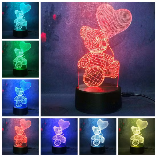 Love, Teddy Bear, 3D Nightlight Lamp, Love Shape, Romantic Glow, LED Night Lamp, Night Light, Touch Sensor Light